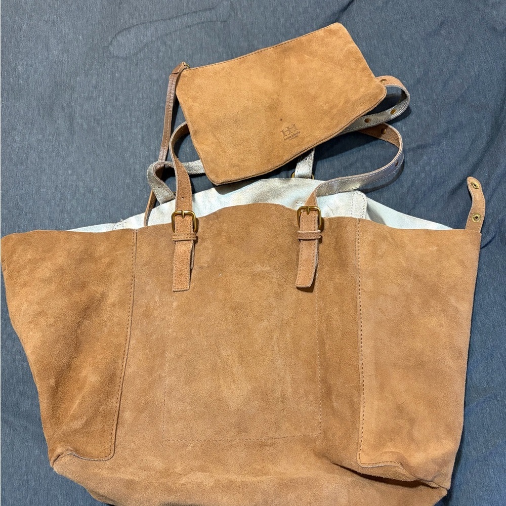 Haute Hippie Tan Suede Tote Bag Metallic Gold Interior Pouch Boho Festival Large - Picture 2 of 5